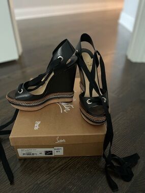 Christian Louboutin Black Leather Lace-Up Platform Wedge Sandals